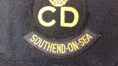 Southend-On-Sea area title with CD badge on battledress blouse.