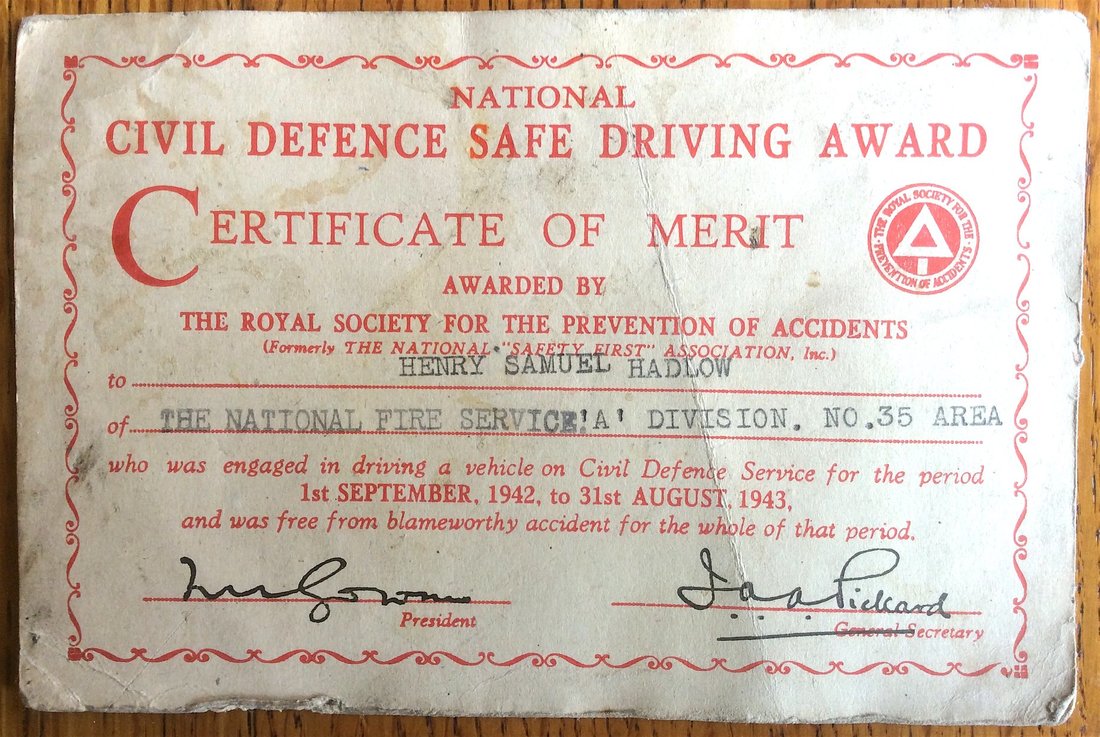 WW2 National Civil Defence Safe Driving Award,