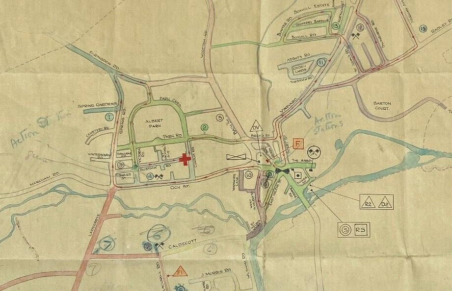 Hand-drawn Map of Civil Defence Locations in Abingdon (detail)