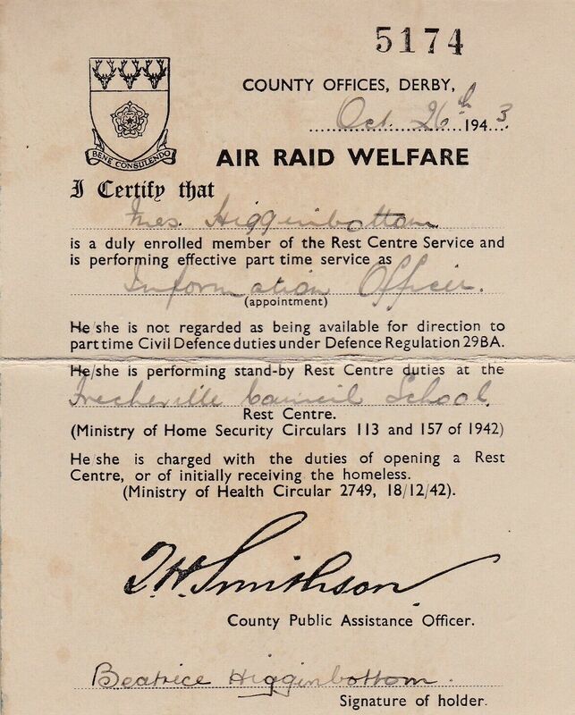 WW2 Derby County Council Air Raid Welfare Rest Centre Information Officer Appointment Card Details
