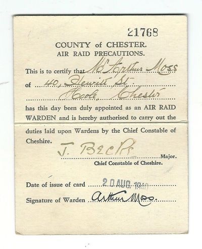 WW2 Air Raid Warden Card of Appointment (Warrant Card) for Chester - Inside details.