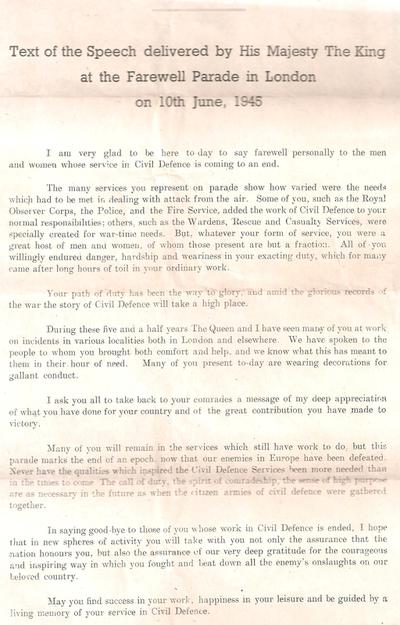 Civil Defence Farewell Parade and Speech - 10 June 1945.