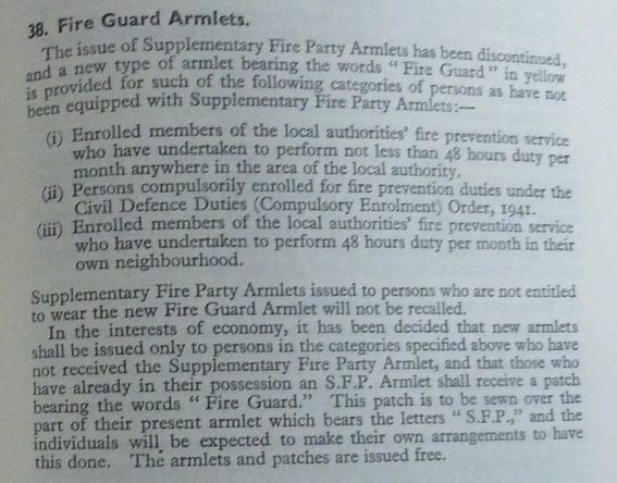Details about the issue of Fire Guard armlets in ARP Training Bulletin 7, 1942