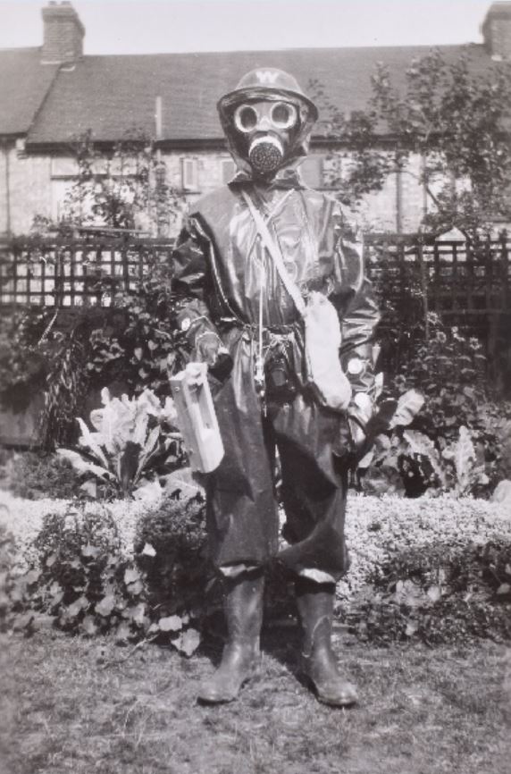 ARP / Civil Defence Warden Wearing Full Gas Protection Suit