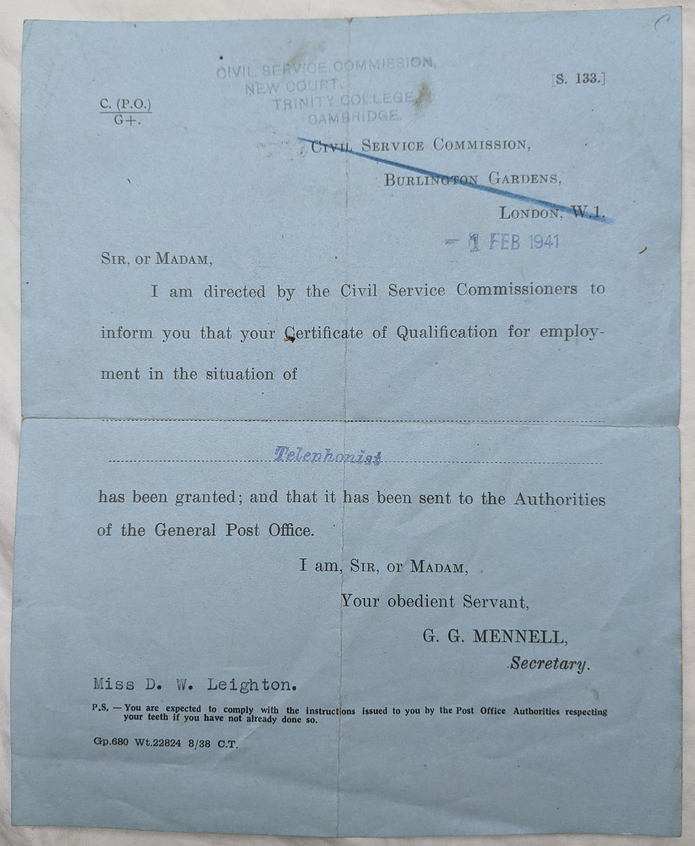 GPO Civil Service Telephonist Certificate 1941