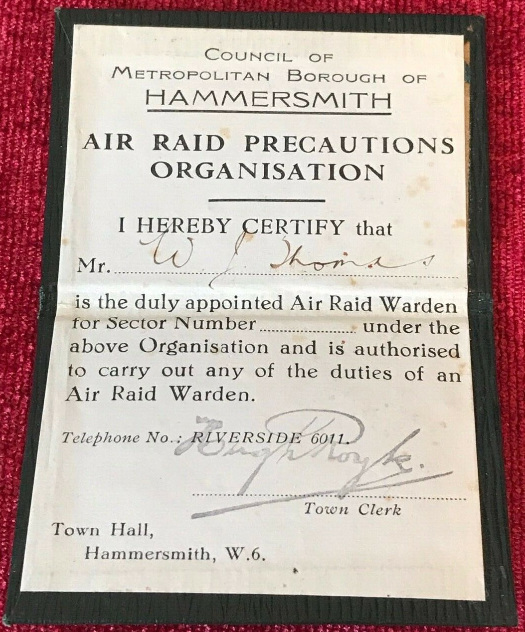 WW2 Hammersmith ARP Warden's Appointment Card