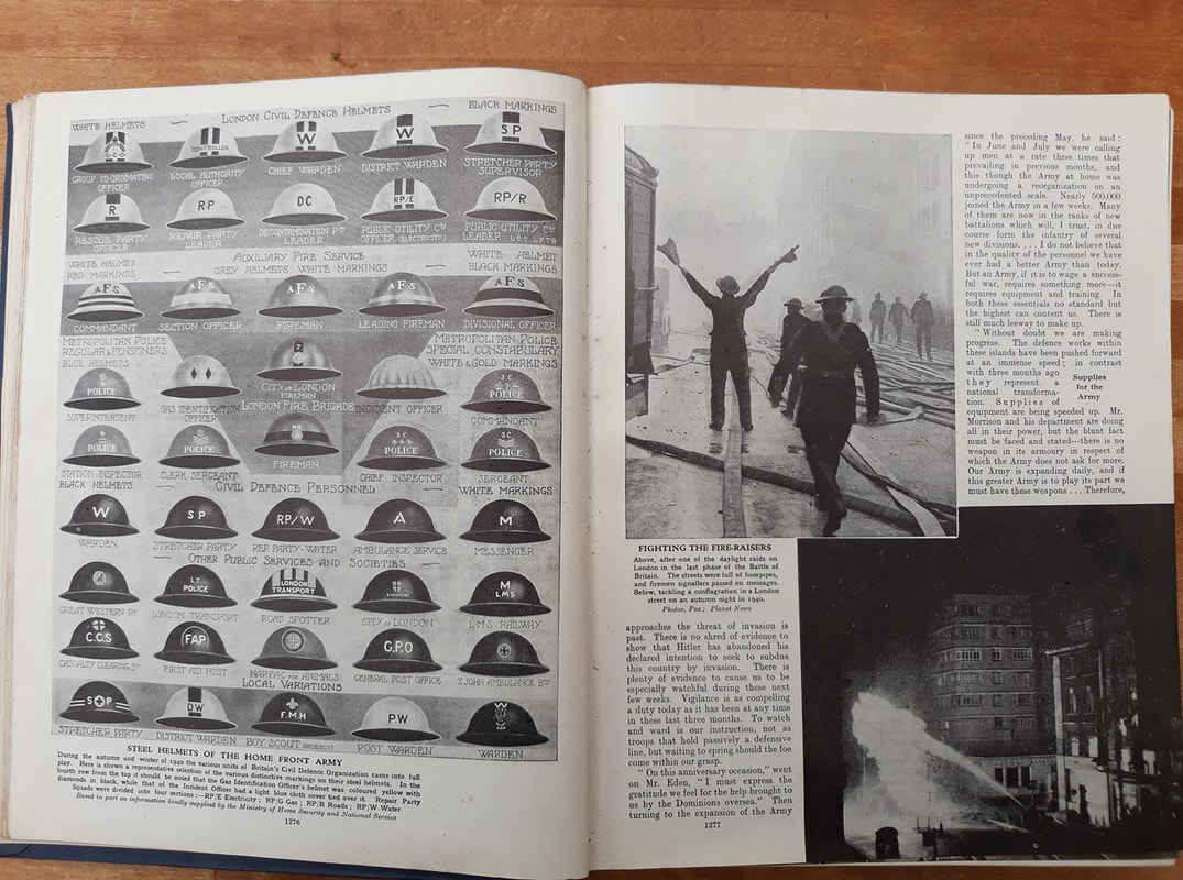 London's Civil Defence helmet markings first appeared on page 1276 of Volume 4 of The Second Great War by ​Sir John Hammerton and Sir Charles Gwynn