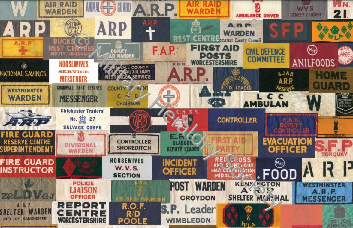 Various Home Front armbands including many Civil Defence and ARP-related examples (© Military Heraldic Society)