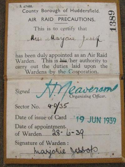 County Borough of Huddersfield ARP Warden Warrant Card