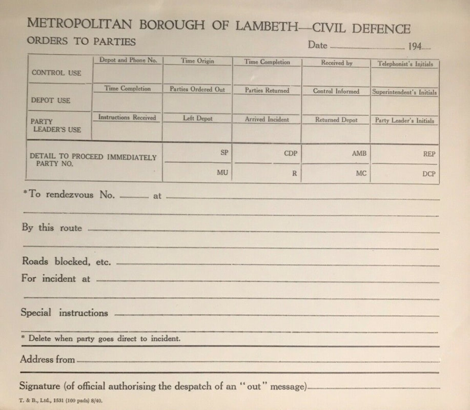 WW2 Borough Of Lambeth Civil Defence 'Orders To Parties' Form