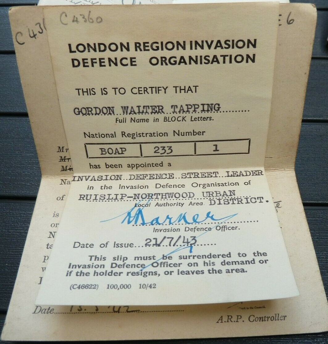 1943 Defence Organisation London Region Invasion ID Card