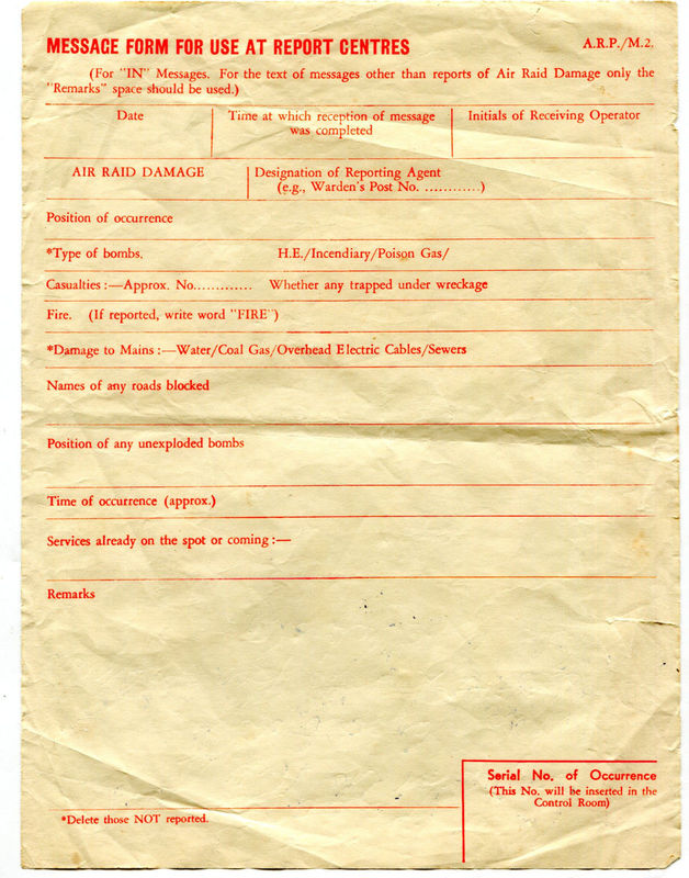WW2 ARP Report Control Centre Message Form A.R.P./M.2.