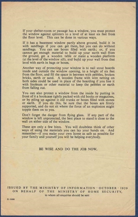 WW2 Civil Defence Pamphlet "Make Your Home Safe Now" October 1939 (Rear)