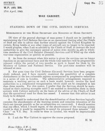 War Cabinet Memorandum of the Standing Stand of the Civil Defence Services.