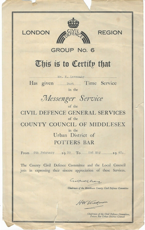 WW2 London Region Civil Defence Messenger Service - Certificate of Service
