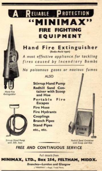 WW2 ARP advertisement for Minimax Fire Fighting Equipment.