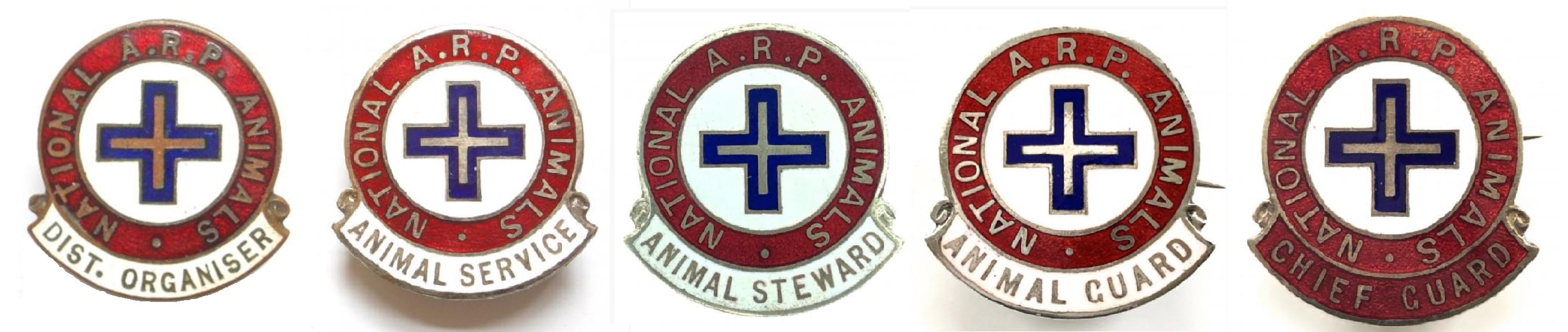 Some of the more common National Air Raid Precautions Animals Committee (NARPAC) badges found