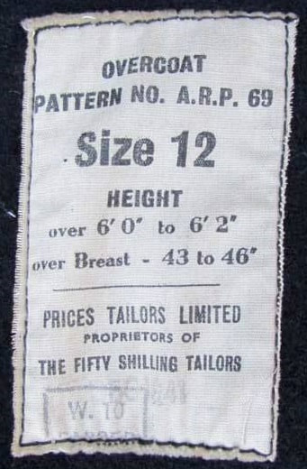 Overcoat Pattern No. A.R.P. 69 label.