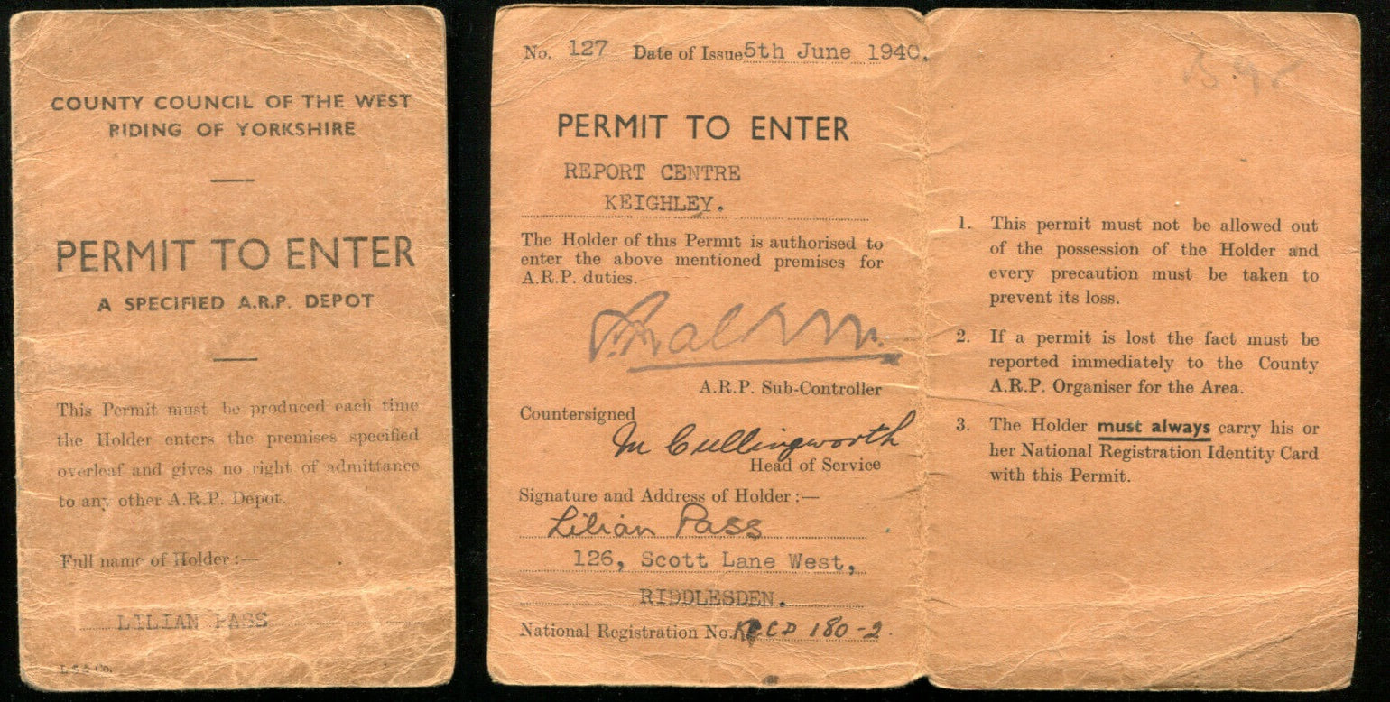 1940 ARP Report Centre Pass Card