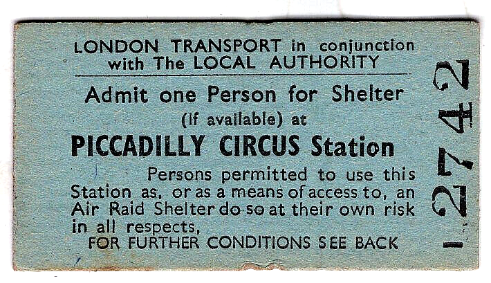 WW2 Piccadilly Circus Underground Station Shelter Ticket