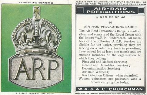 Air Raid Precautions Badge from Chruchman's cigarettes series 1938
