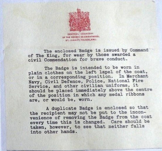 Letter detailing the wearing of the King's Commendation For Brave Conduct badge
