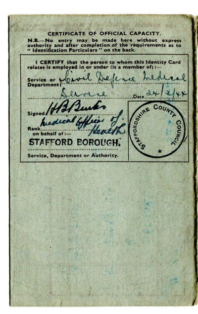 Official stamps on a Civil Defence worker's WW2 Endorsed Identity Card.