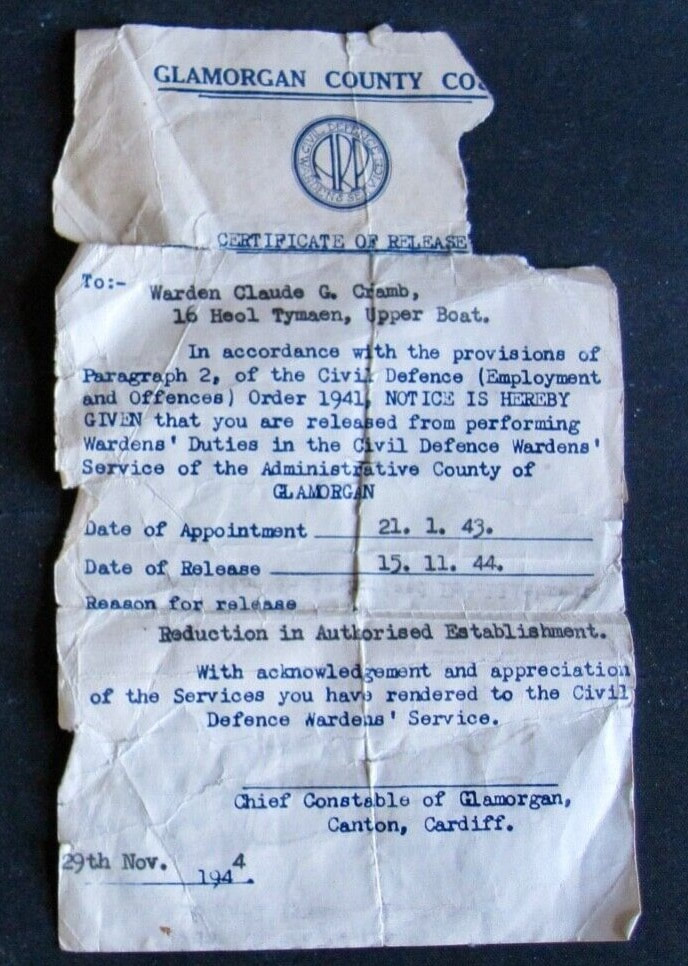 Certificate of Release from the Wardens' Service, Glamorgan 1944