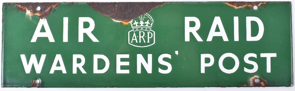 WW2 ARP AIR Raid Wardens Post Green Enamel Sign