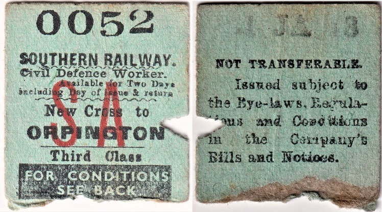 Southern Railway Third Class Civil Defence Worker Ticket
